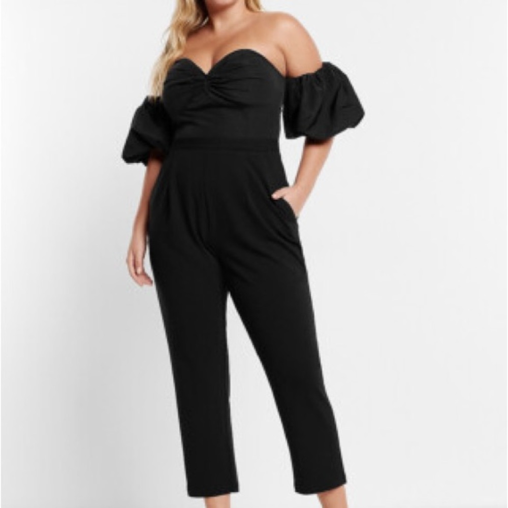 NEW EXPRESS $118 BLACK OFF THE SHOULDER REMOVABLE PUFF SLEEVE JUMPSUIT SZ 12 - Picture 4 of 11